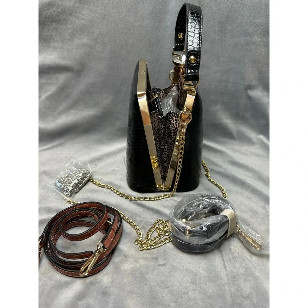 NWT Box Clutch Bag Black Croc Embossed Small Evening‎ Wedding Party